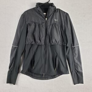 Nike Womens L Full Zip Windbreaker Rain Jacket Solid Black Sporty Athletic Retro